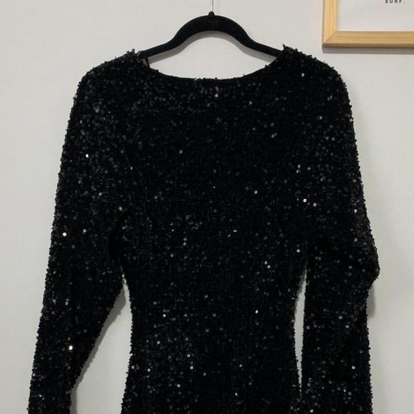 Forever 21 Black Bodycon Sequined Mini Midi Dress V neck | Night Sparkly Lined - Picture 3 of 5